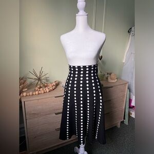 Black & White Polka Dot Sweater Stretch Midi Knee-Length High-Waist Modest Skirt